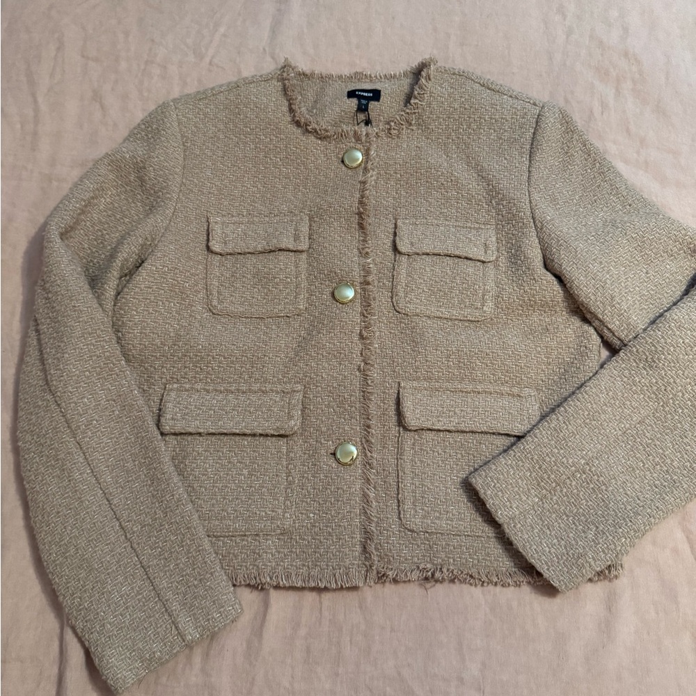 Express Beige Tweed Fringe Pocket Blazer with Gold Buttons